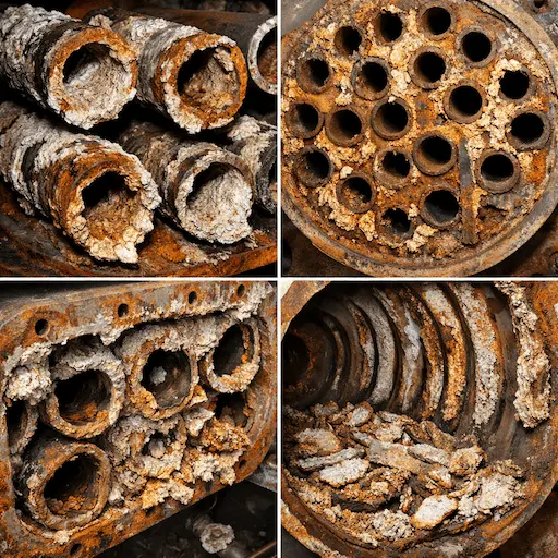 Close-up of severe scale and corrosion deposits inside untreated industrial boiler tubes